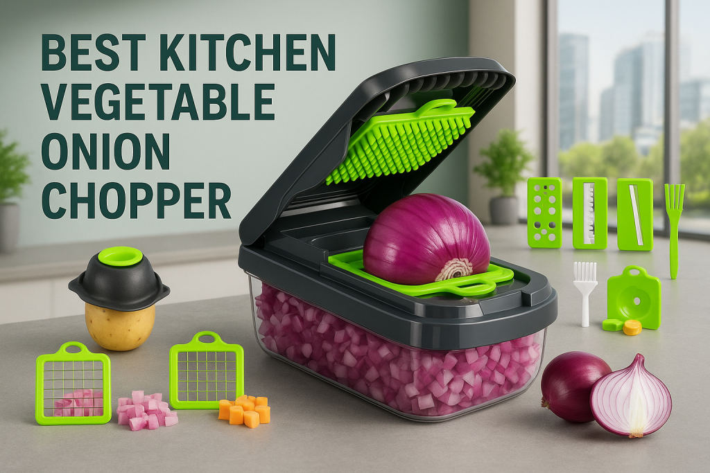 Modern kitchen vegetable and onion chopper with sharp stainless steel blades, ergonomic handle, and easy-to-use design for quick and efficient chopping.