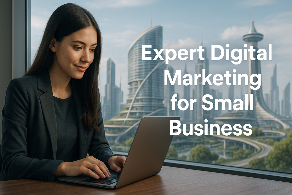 A professional woman in a dark blazer works on a laptop inside a modern office with a large window view of a futuristic cityscape filled with sleek skyscrapers and green architecture, alongside bold text that reads “Expert Digital Marketing for Small Business.
