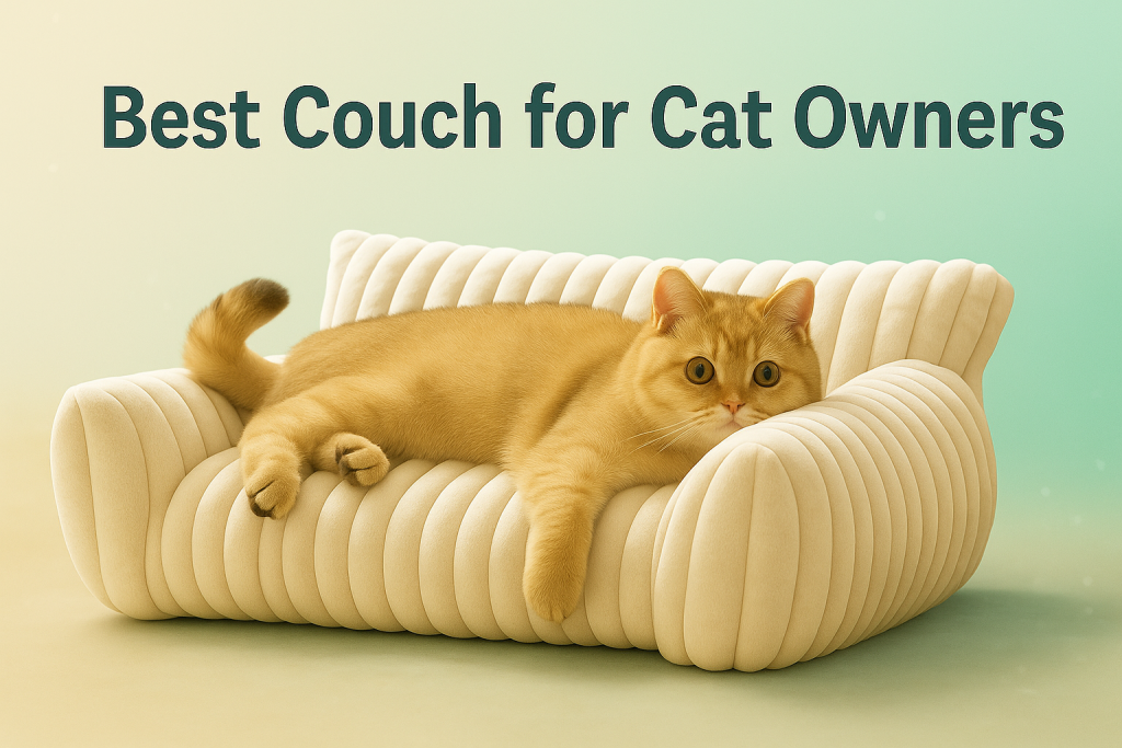 A ginger British Shorthair cat lounges comfortably on a plush, cream-colored couch with vertical tufted design, set against a soft gradient background of pastel turquoise and beige, with bold dark teal text reading “Best Couch for Cat Owners
