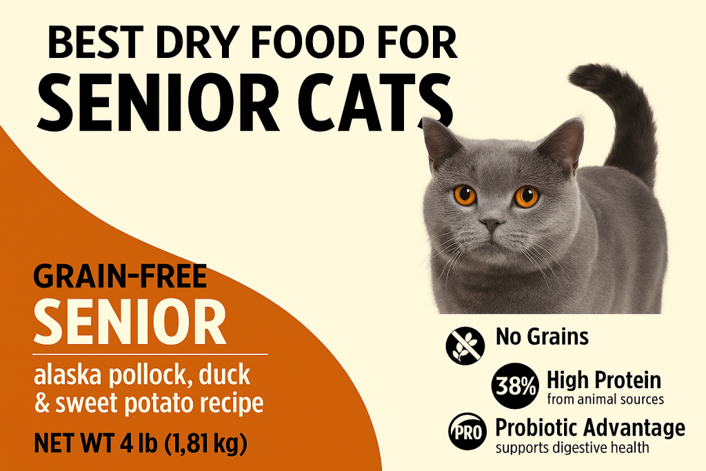 A promotional image for grain-free dry cat food for senior cats, featuring a gray British Shorthair cat with amber eyes. The image highlights product benefits like 'No Grains', '38% High Protein', and 'Probiotic Advantage'. Text includes 'Best Dry Food for Senior Cats' and flavor details: 'alaska pollock, duck & sweet potato recipe'. Background is light beige with an orange accent.