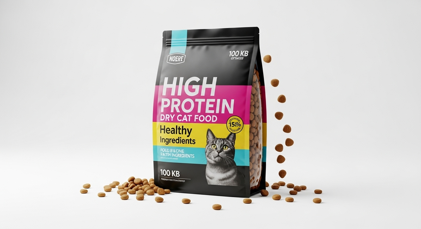 High Protein Dry Cat Food bag on white background, premium dry cat food for healthy muscles and shiny coat, high protein, grain-free, suitable for indoor and outdoor cats.