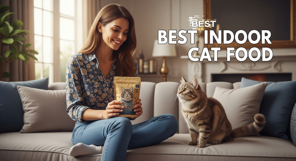 A unique indoor cat food package held by a smiling woman sitting on a sofa, with a curious cat beside her in a cozy living room.