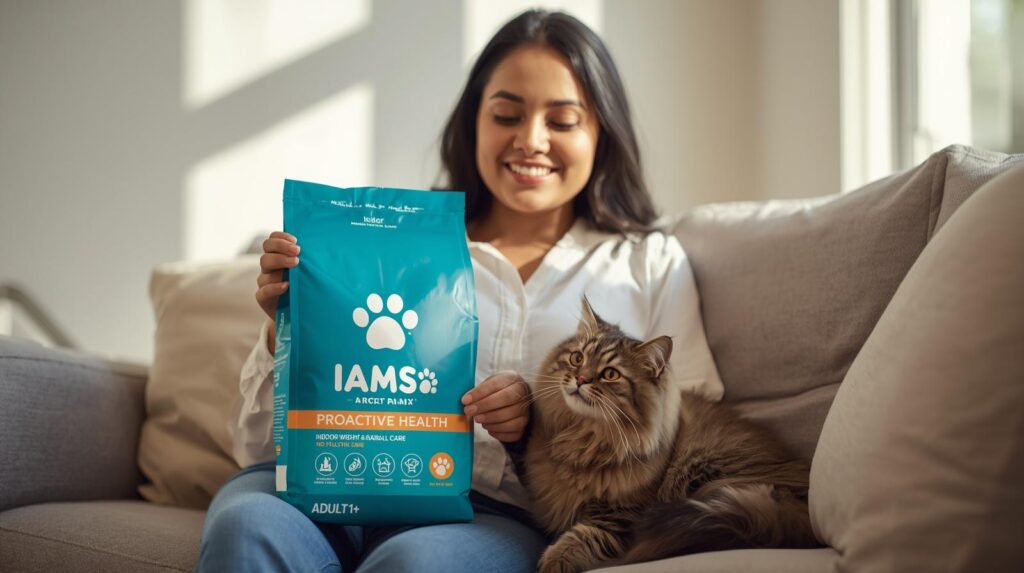 Best indoor cat food IAMS Proactive Health for weight control and hairball care shown with woman and cute tabby cat on sofa