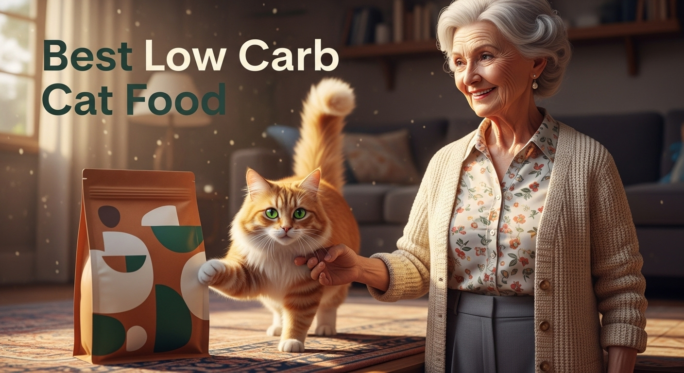 A fluffy cat walking on the floor, gently holding a unique low-carb cat food package with its paw, standing beside a beautiful elderly woman in a cozy living room.