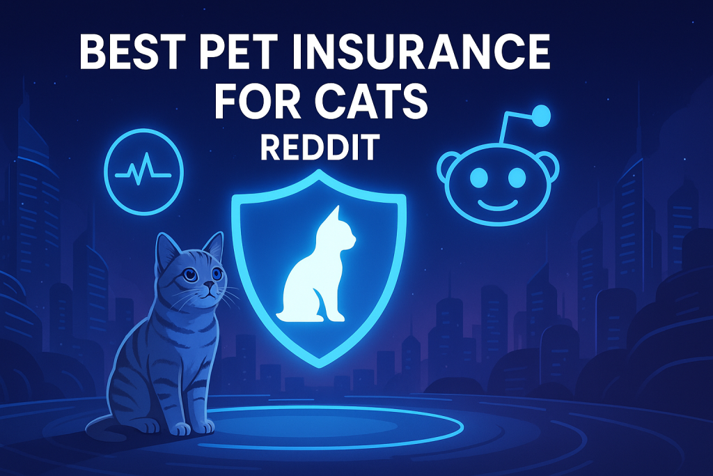A futuristic digital illustration showing a grey tabby cat sitting beside a glowing holographic shield with a cat icon, surrounded by neon medical and Reddit icons, with the headline “Best Pet Insurance for Cats Reddit” set against a modern cityscape background.