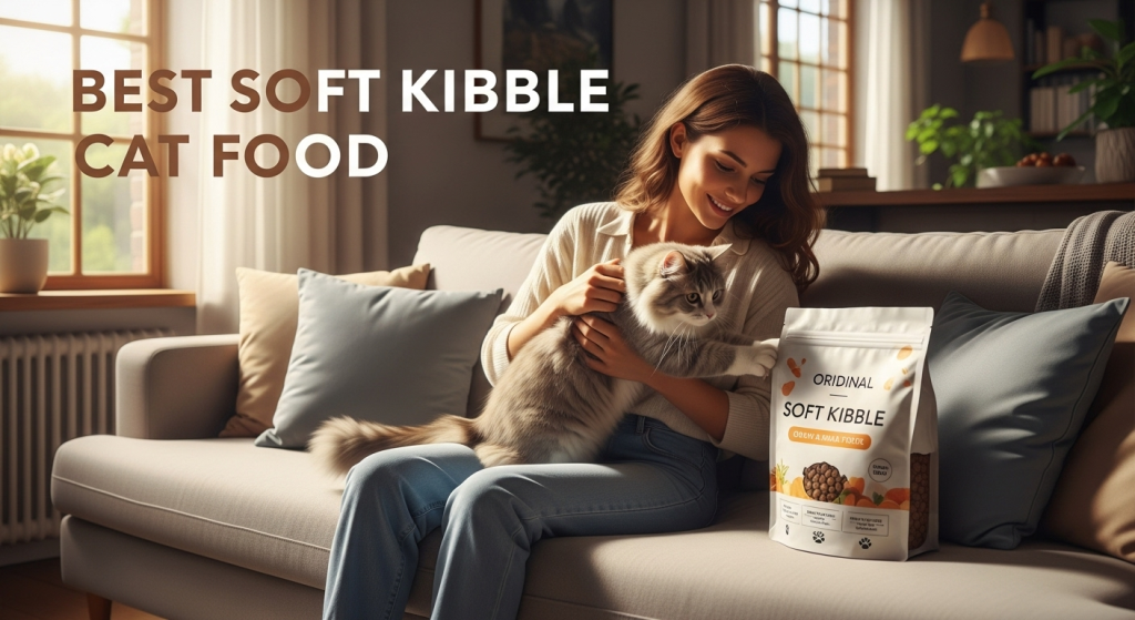 A fluffy cat playfully reaching towards a unique soft kibble cat food package held by a smiling woman on a cozy sofa in a sunlit living room.