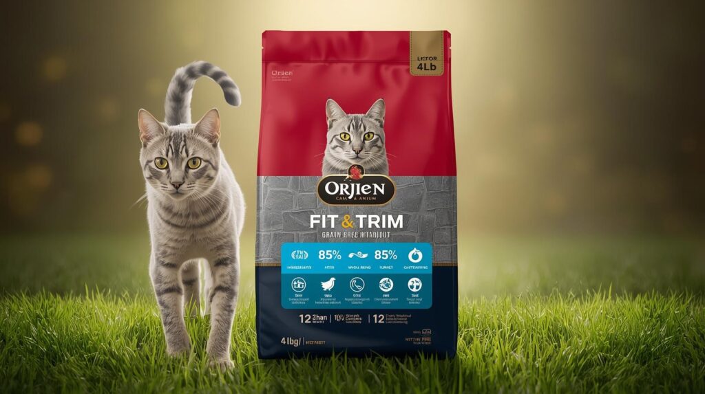 Realistic front view of FelinePro Muscle Boost Cat Food bag, showing a healthy, silver-tabby cat standing in the center with green grass and a subtle morning-lit background. Premium high-protein cat food packaging with visible branding, kibble and salmon pieces, veterinarian recommended badge, and text indicating "High Protein" and "Supports Healthy Skin & Coat with Omega-6 Fatty Acids.