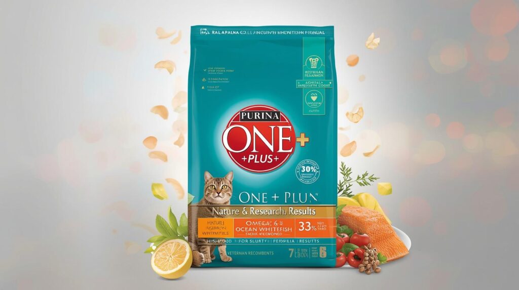 High protein dry cat food Purina ONE Plus salmon ocean whitefish 7 lb bag for healthy skin coat adult cats