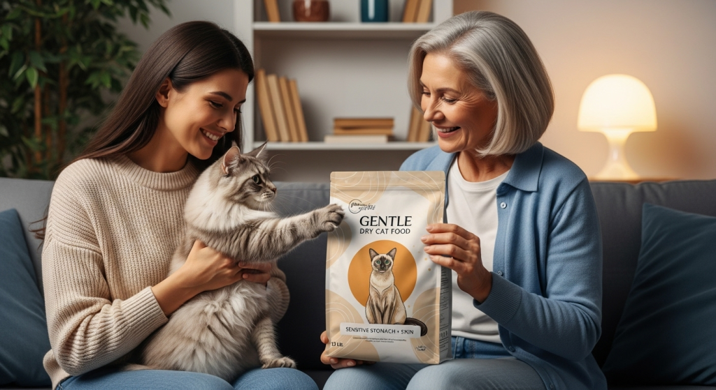 A beautiful mother and her grown-up daughter sitting on a stylish sofa, with a fluffy cat on the daughter's lap reaching its paw to hold a unique cat food package for sensitive stomachs.