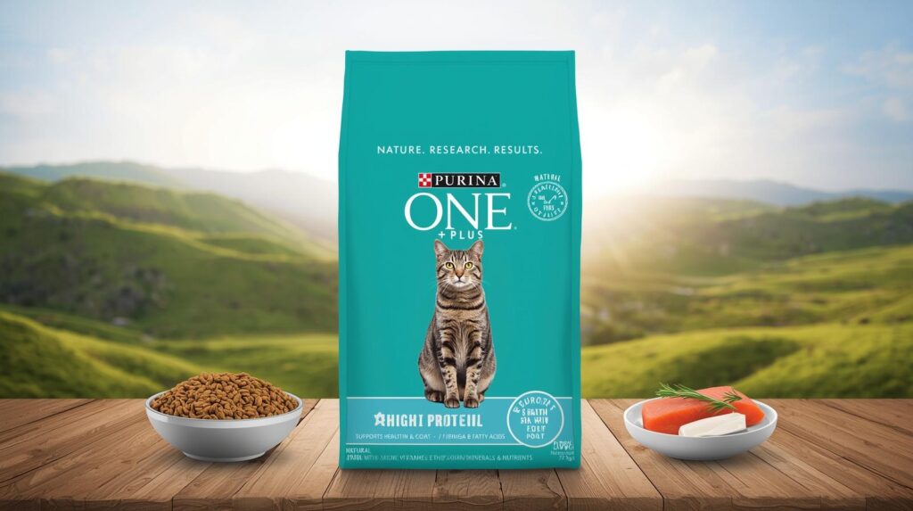 MeowPower Premium Cat Food 7lb bag with high-protein formula, featuring a silver tabby cat, nutritious kibble, salmon and white fish pieces, in a bright outdoor field background.