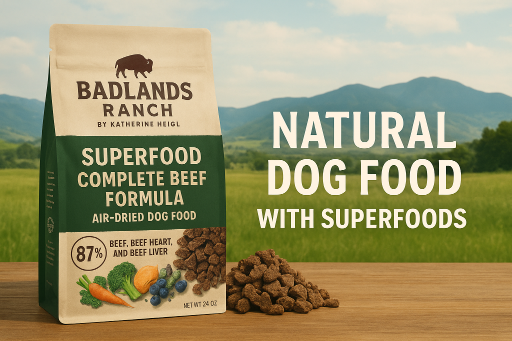 Natural dog food bowl with a mix of superfoods like blueberries, spinach, and salmon, placed on a wooden table