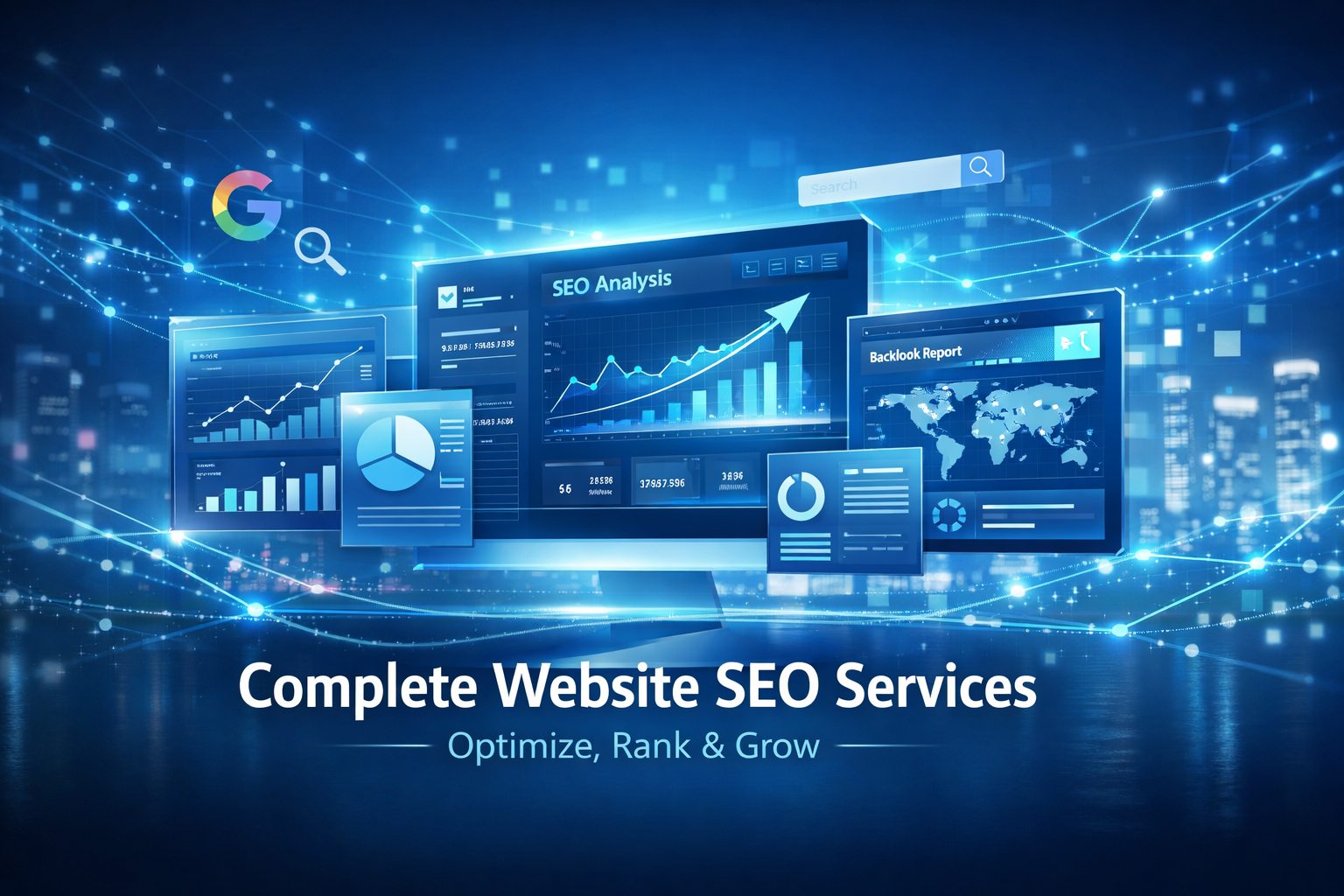Futuristic digital SEO dashboard illustration showing charts, graphs, analytics, and network connections representing website optimization and growth.
