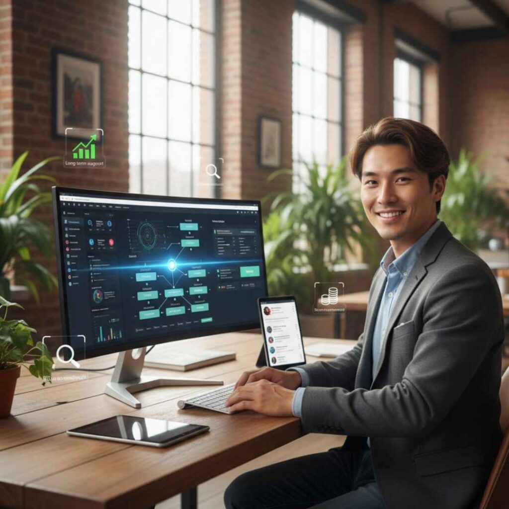 Essential digital marketing tools for small businesses, showing analytics dashboards, social media management, SEO, and content creation tools