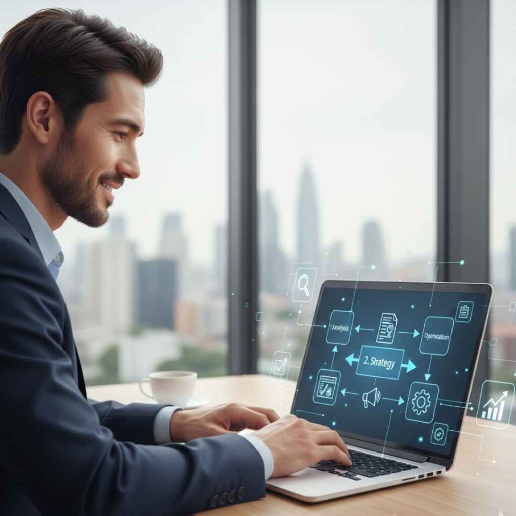 Digital marketing process showing website analysis, strategy planning, execution, and optimization for small business growth