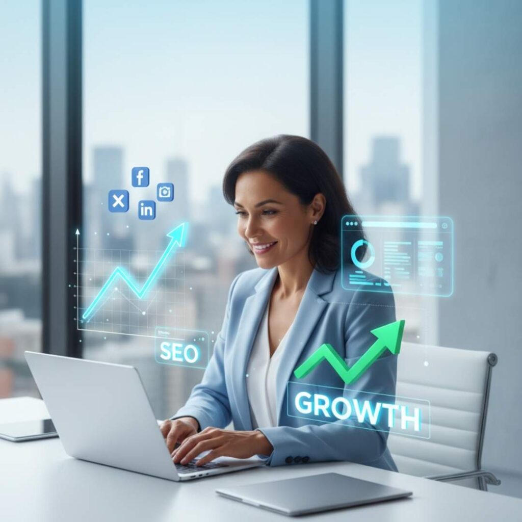 Professional digital marketing services for small businesses showing SEO growth, social media marketing, and online business development strategy