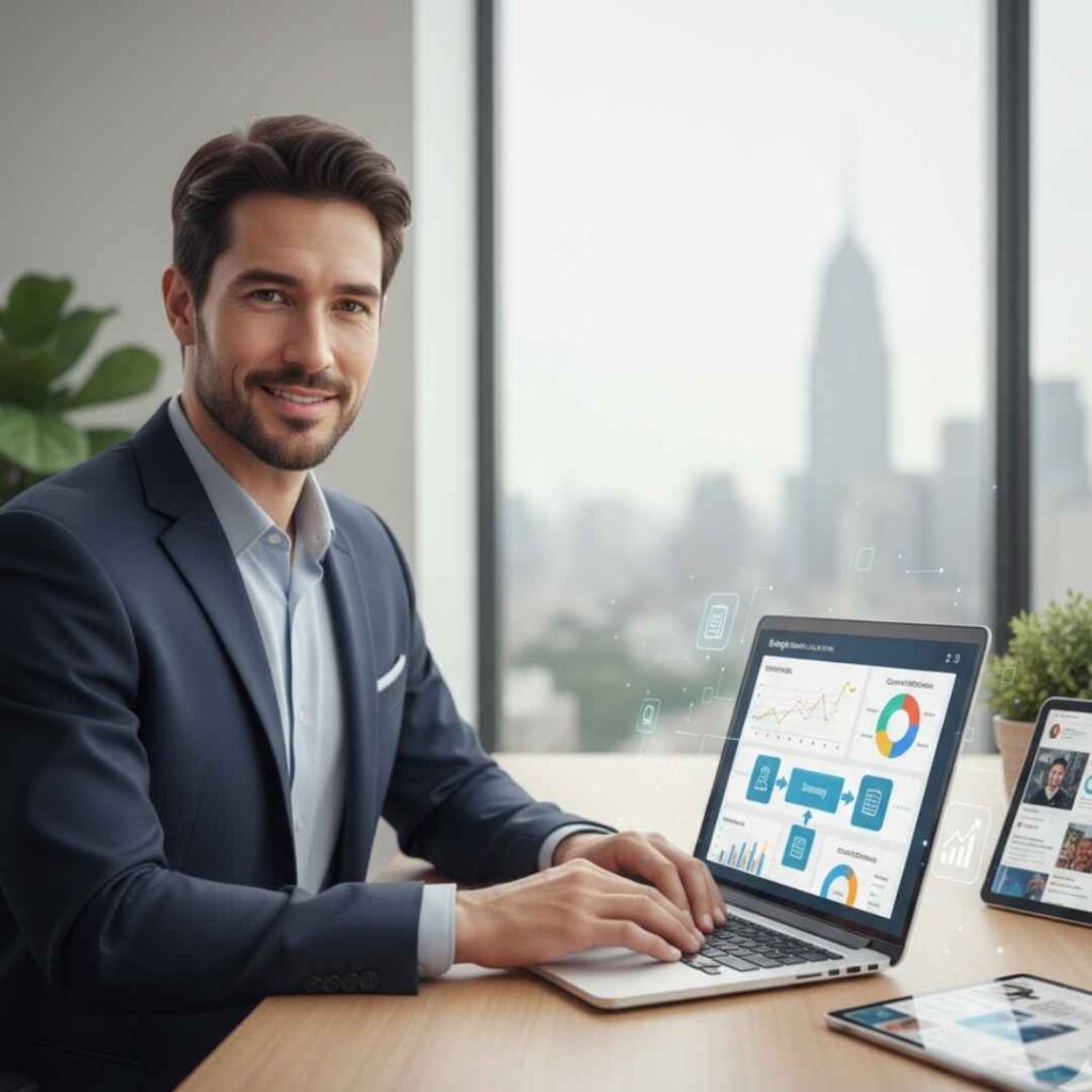 Resources and case studies for small business growth, showing digital marketing tools, content creation, productivity resources, and real growth examples