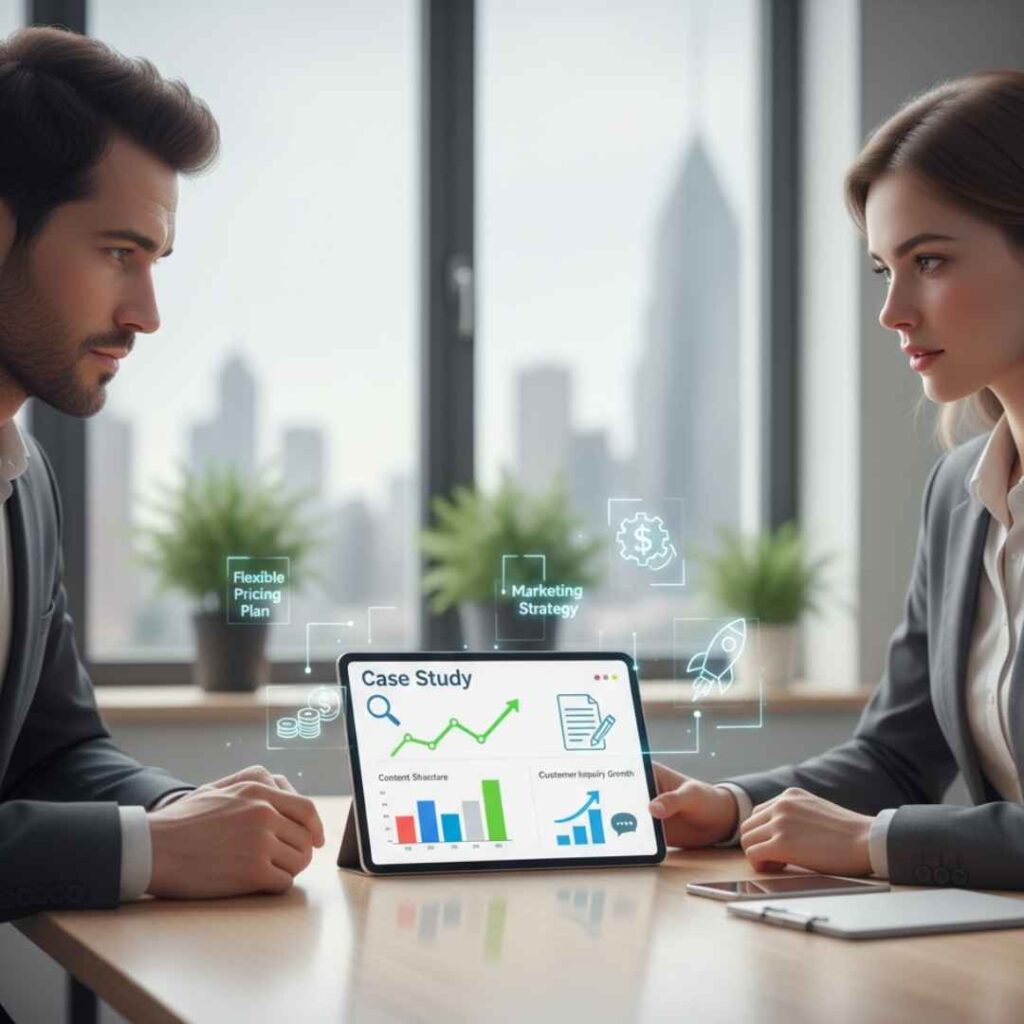 Proven results and flexible pricing plans for small businesses, showing improved Google ranking, content optimization, and customer growth analytics