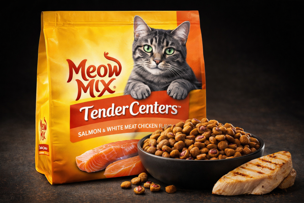 Meow Mix Tender Centers dry cat food bag with salmon and white meat chicken flavors, grey tabby cat with green eyes, bowl of crunchy kibble, grilled chicken slice and salmon fillet, premium pet food packaging, photorealistic ecommerce product image.