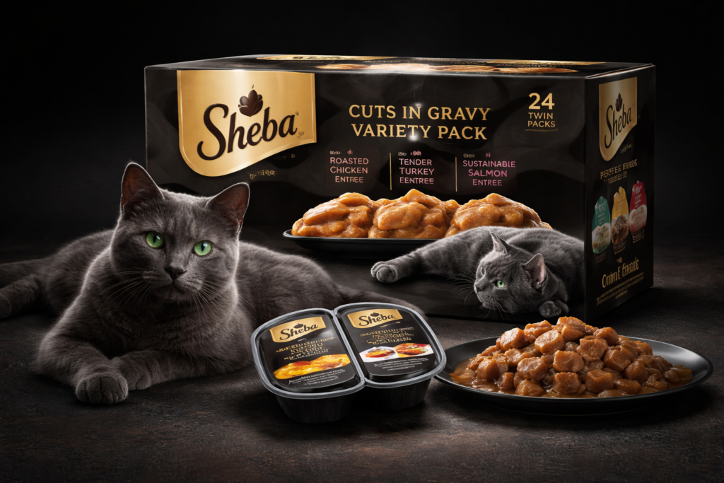 Sheba Perfect Portions wet cat food cuts in gravy variety pack with roasted chicken, tender turkey, and sustainable salmon twin pack trays.