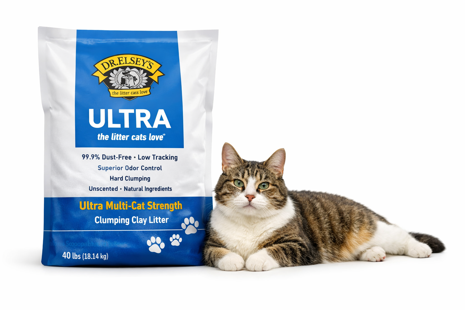 Dr Elsey's Ultra Multi-Cat Strength Clumping Clay Cat Litter 40 lb bag with a relaxed tabby-and-white cat, blue and white packaging, unscented, dust-free formula, superior odor control